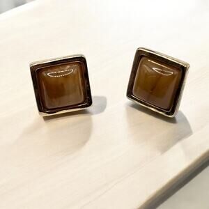 Chico's Brown Earrings Pierced Square Shaped Glossy Beads Gold Tone Setting